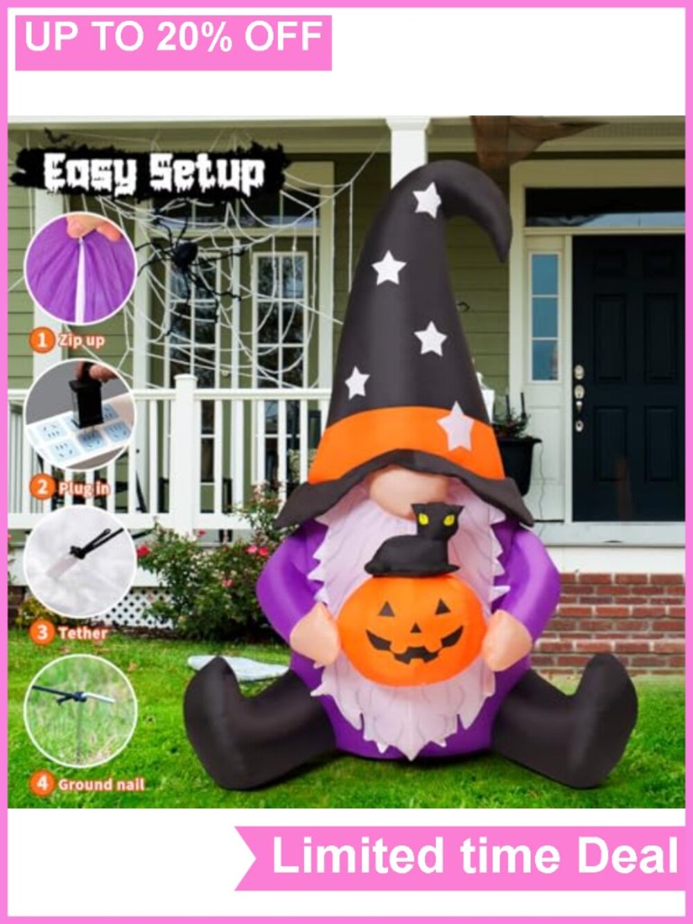 5FT Halloween Inflatable Gnome with Pumpkin Blow Up Yard Decor LED Lighted - Picture 4 of 6